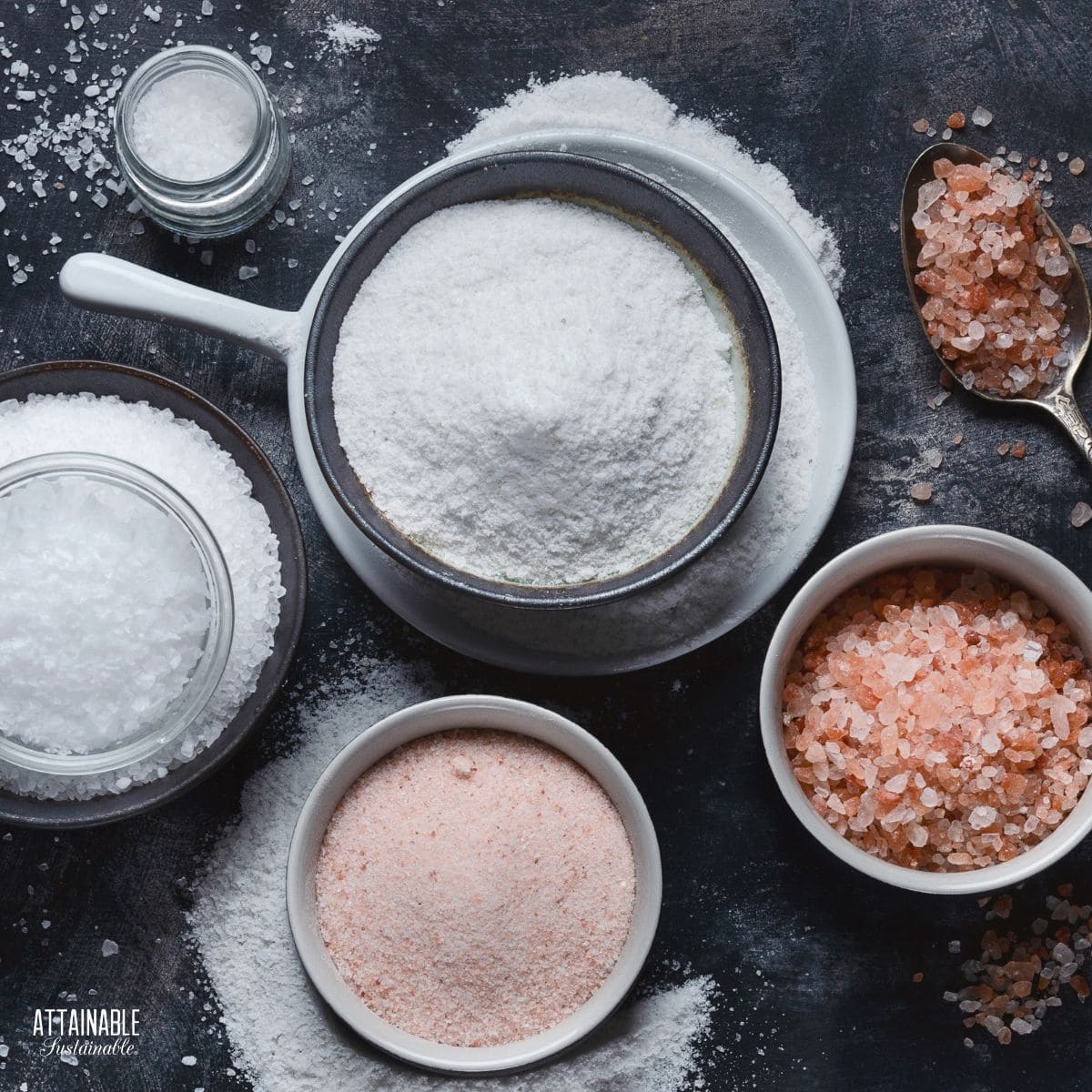 various types of salt, white and pink, fine and coarse.