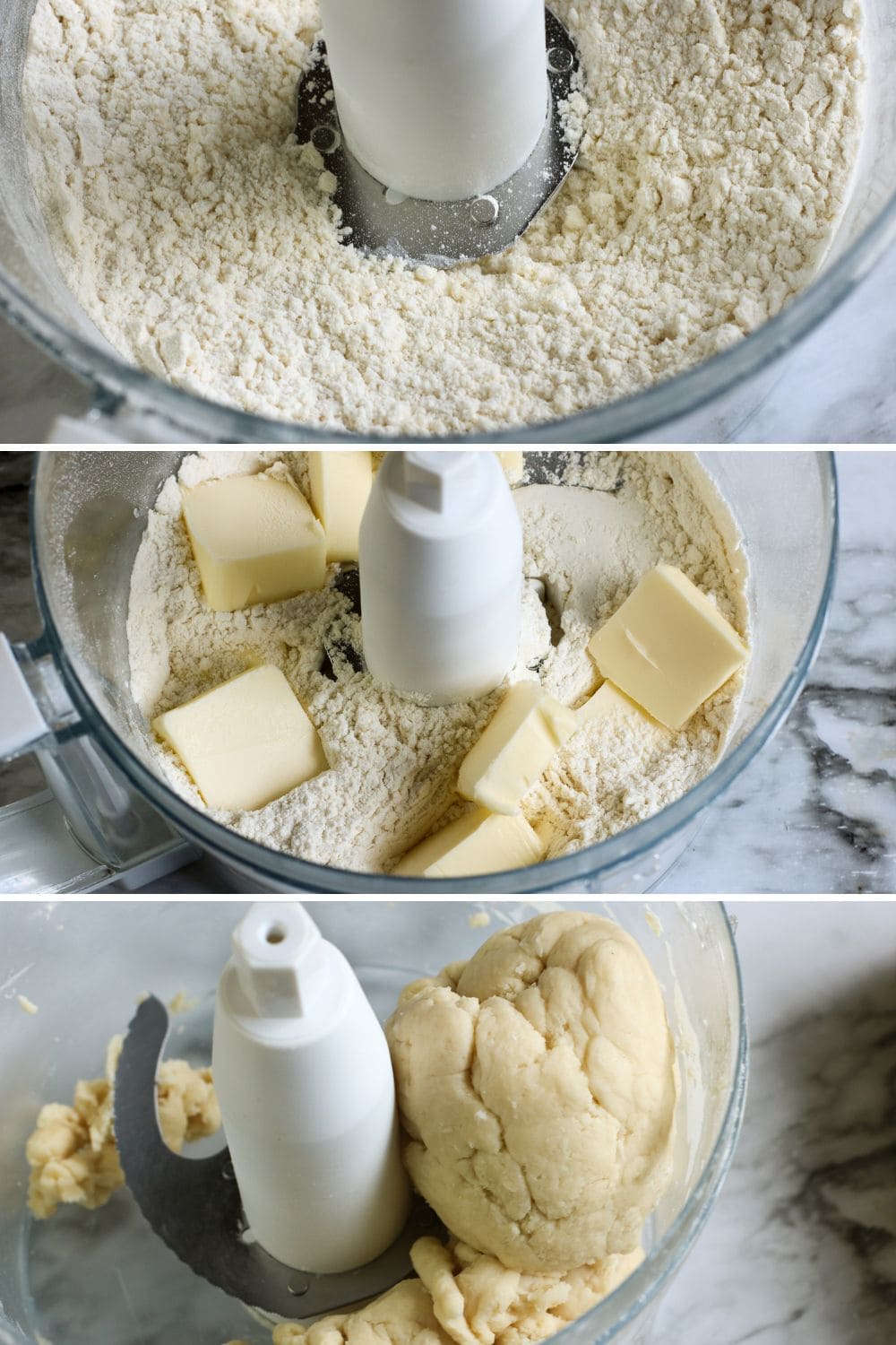 3 photos of a food processor, top is of dry ingredients, middle is with added butter cubes, bottom is a formed dough ball.