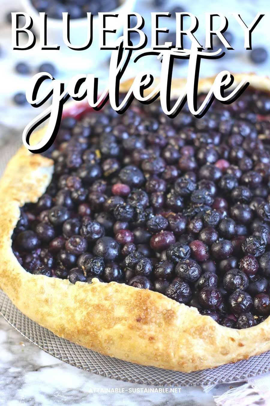 Blueberry galette close up with a golden crust, and white writing on top reading blueberry galette.