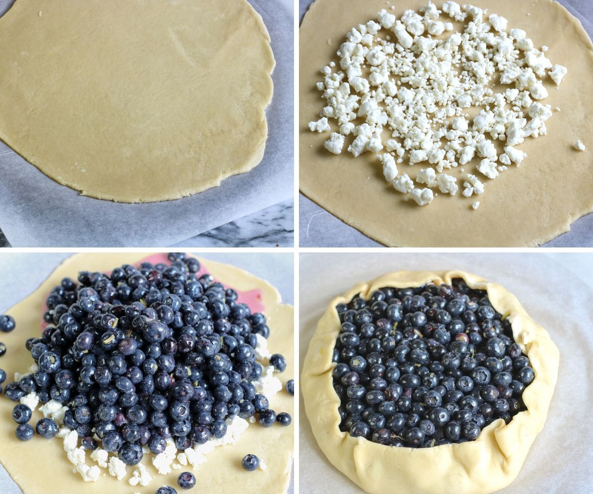 4 photos, a rolled round pie crust, goat cheese in the middle of the crust leaving an edge, blueberry mixture piled on top of goat cheese, and crust edge folded over the berries. 
