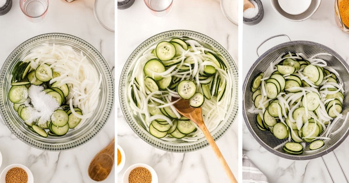 series showing cukes and onions salted, soaking, and draining.