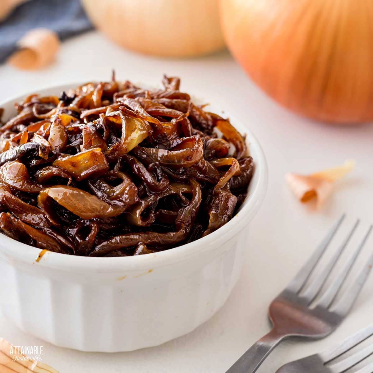 caramelized onions in a white bowl.