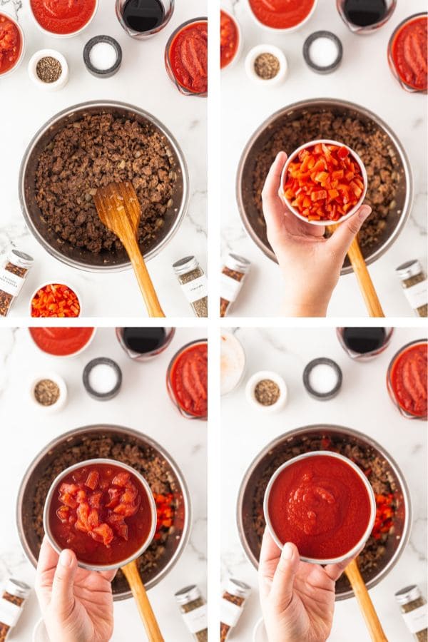 4 panel showing the process of making the meat sauce, from browning the burger to adding the peppers and tomatoes.