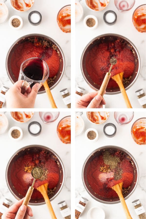 4 panel showing the process of making the meat sauce, adding the wine and seasoning.