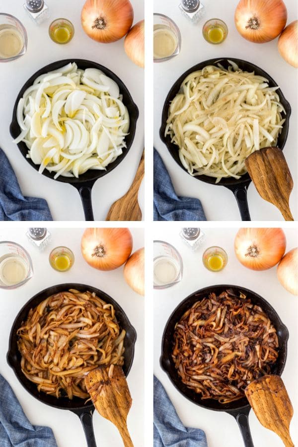4 stages of caramelizing onions, each one darker than the last.