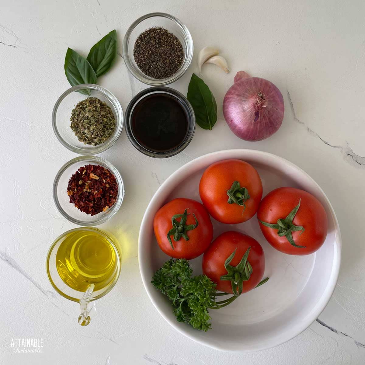 A shallow white bowl filled with whole tomatoes, surrounded by smaller bowls of ingredients and a whole onion. 