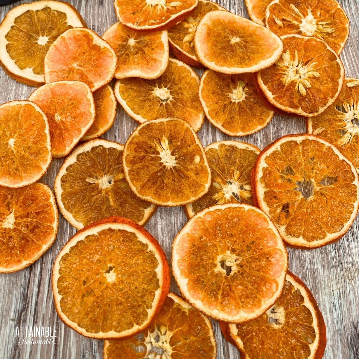 dried oranges on a wooden board.