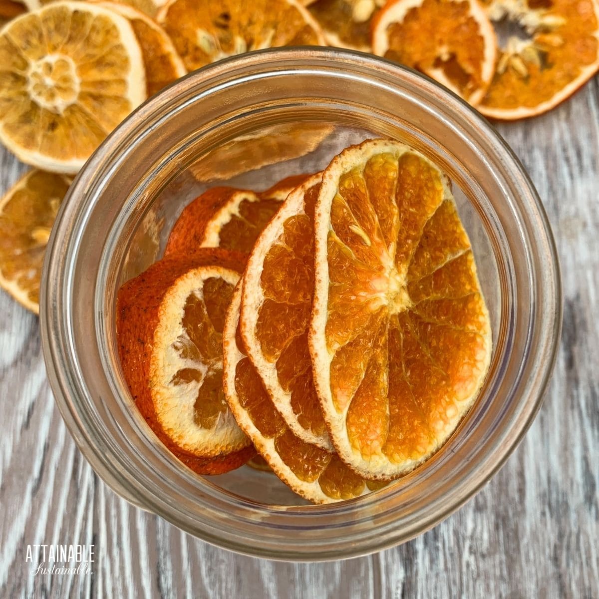 dried oranges in a jar from above.