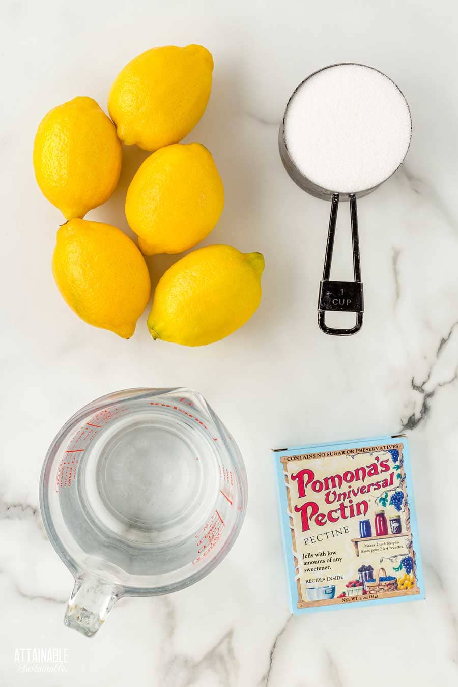 ingredients for lemon marmalade: lemons, sugar, pectin, water.