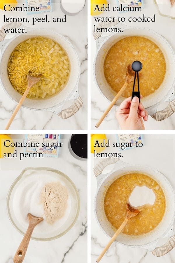 process of making lemon marmalade, from cooking the fruit to adding the sugar and pectin.