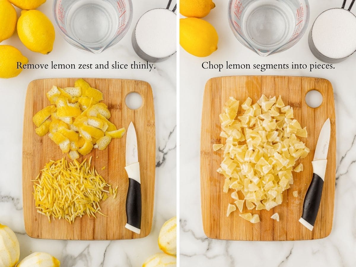 chopping board full of sliced lemon zest and chopped lemon pulp.