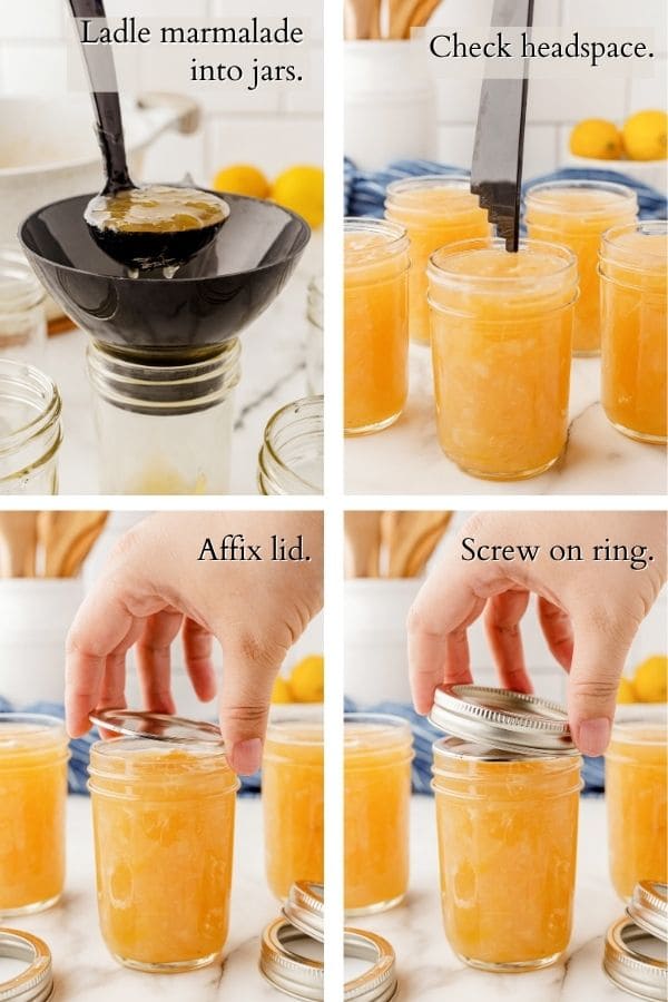 process of preparing jars for canning, from filling to measuring headspace, to putting on lids and rings.