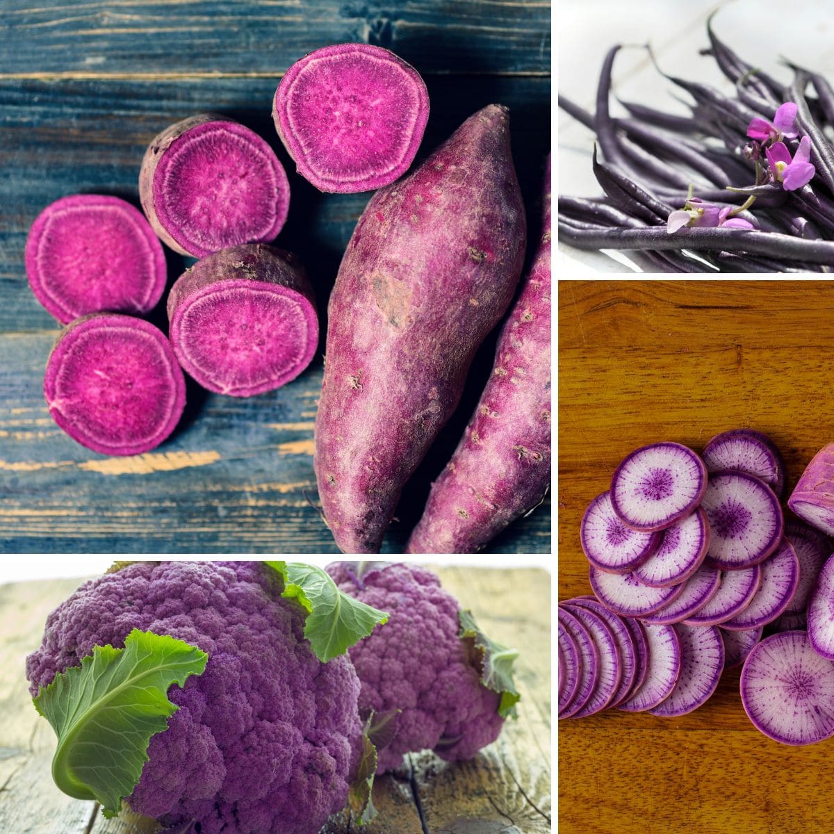 collage showing 4 purple vegetables: sweet potatoes, string beans, cauliflower, daikon.