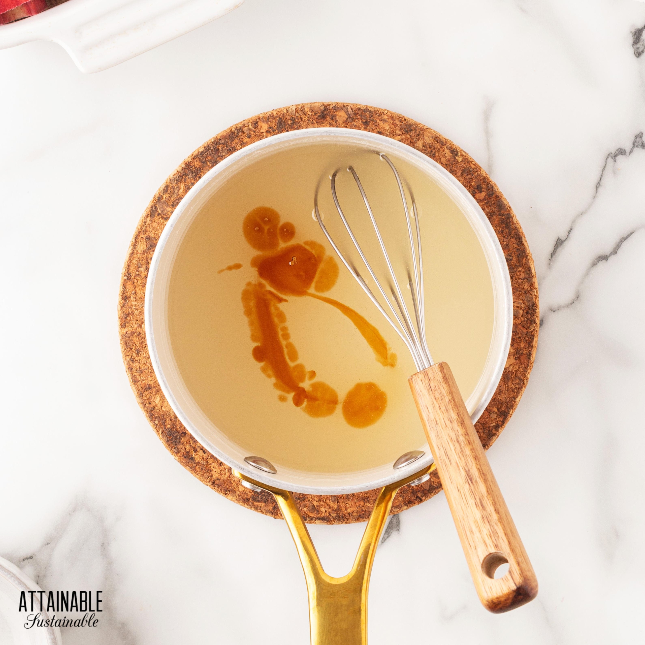 pot with sugar syrup and vanilla, from above.