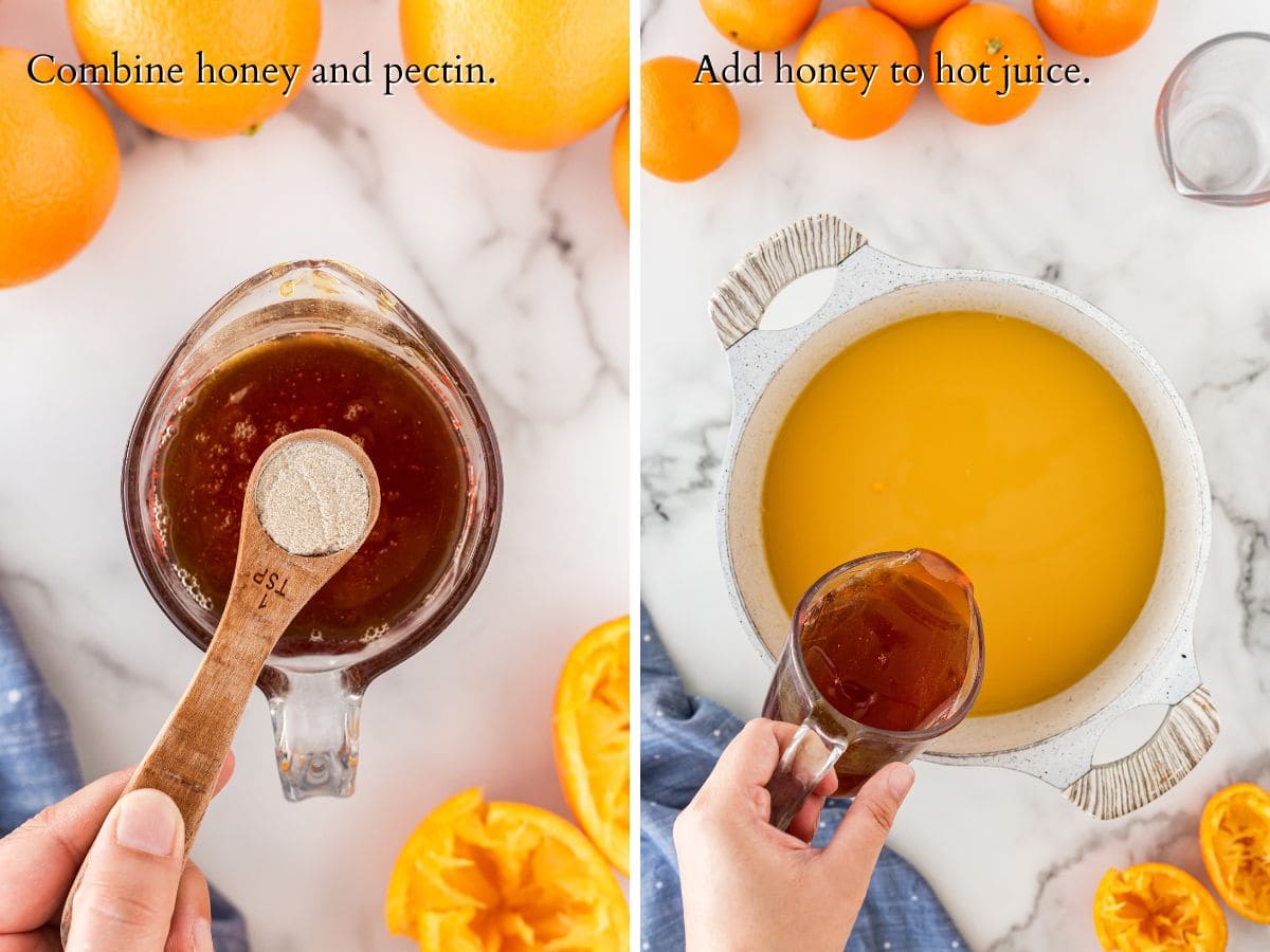panel showing adding pectin to honey and honey to OJ.