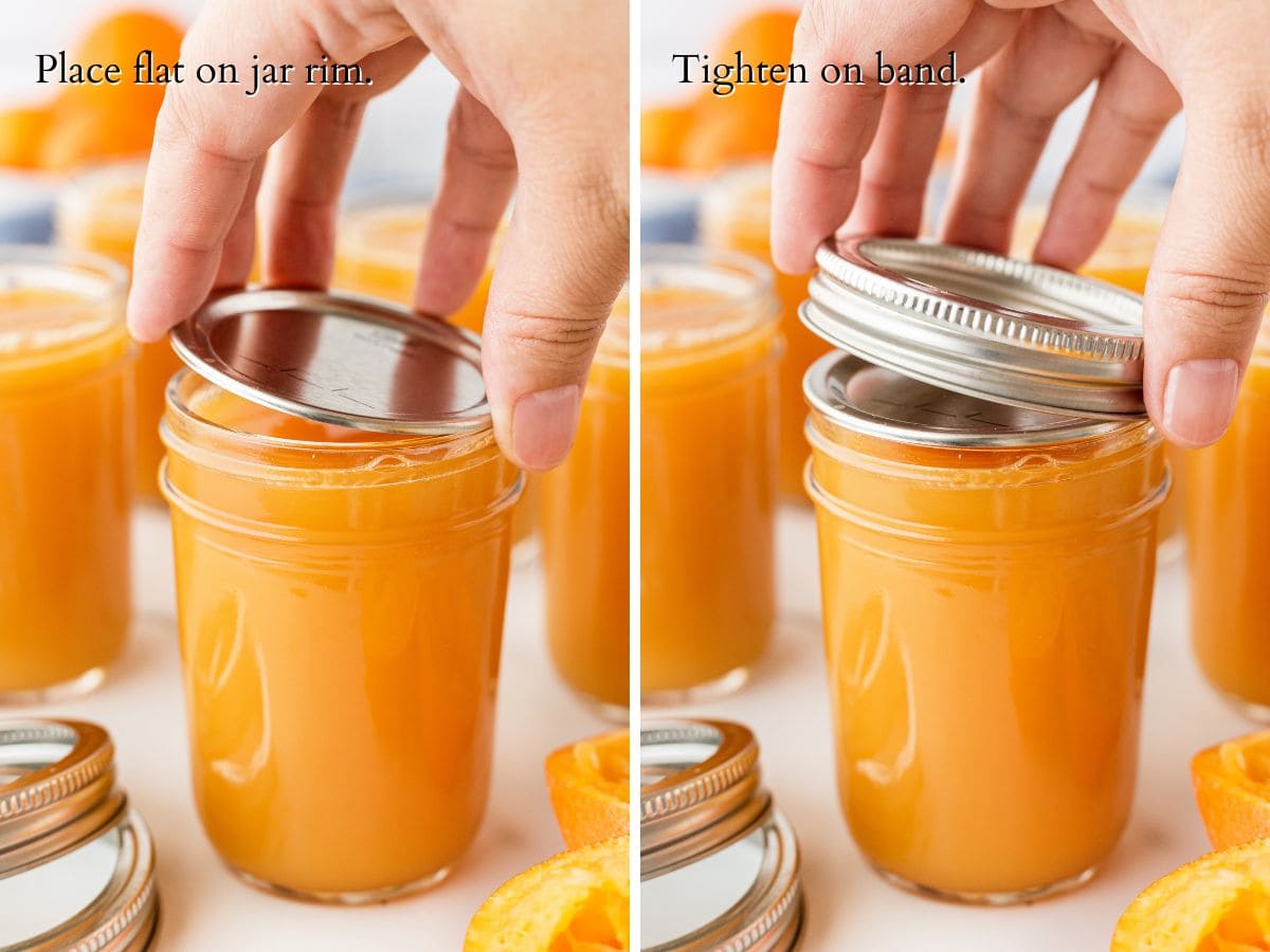 panel showing a hand placing the flat lid and ring on a filled jar.