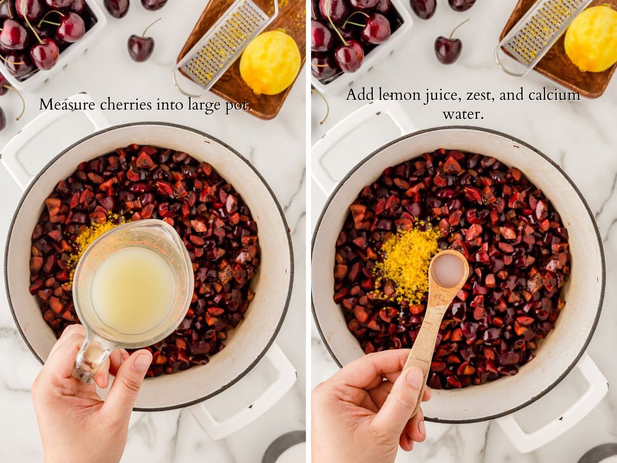 adding lemon juice and calcium water to the cherries.