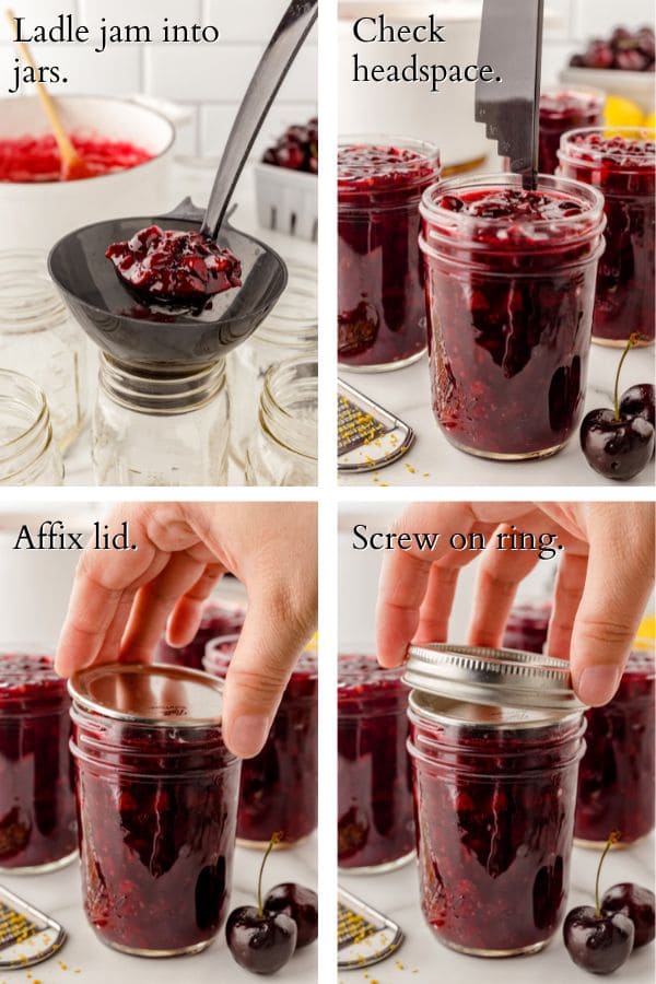 funneling jam into jars and securing the lids. 