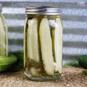 dill pickle spears in a glass jar.