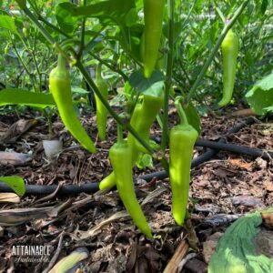 banana pepper plant growing in a raised bed garden.