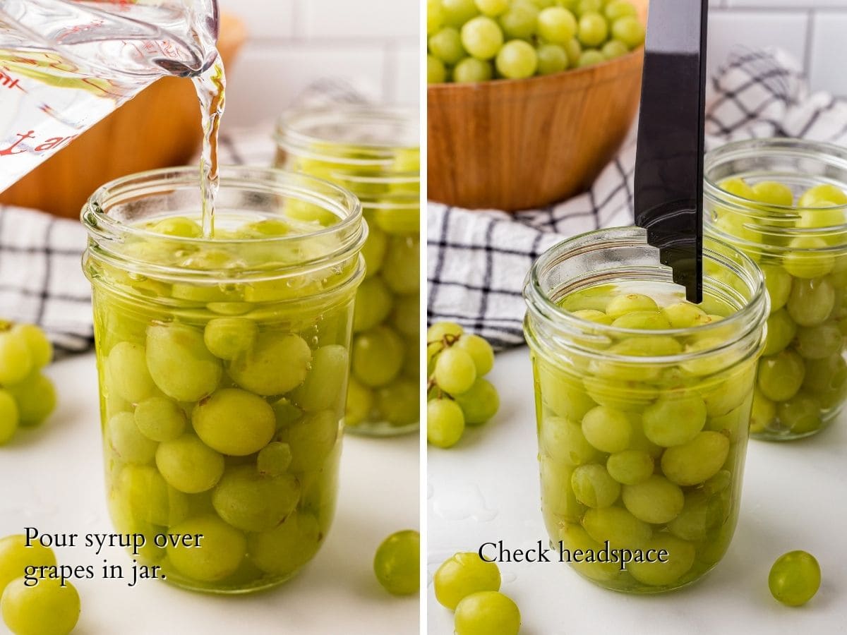 2 panel image showing a measuring cup adding sugar syrup and then checking headspace on jar filled with grapes.
