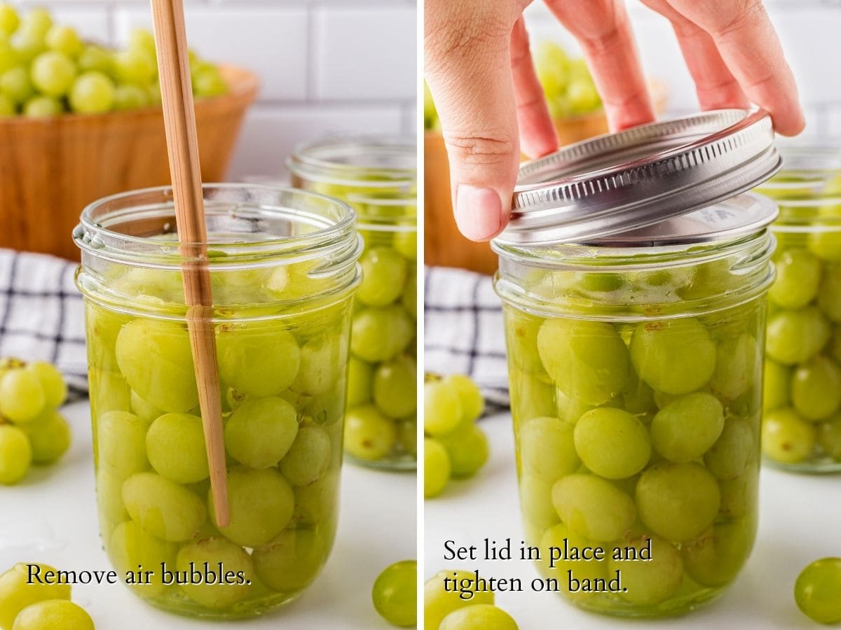 2 panel image showing a wooden chopstick removing bubbles from a jar of grapes, and a hand placing a ring on a filled canning jar. 