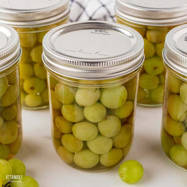 jar of home canned green grapes.