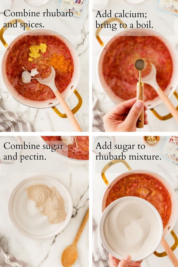4 panel showing the addition of spices, calcium water, and sugar mixture.