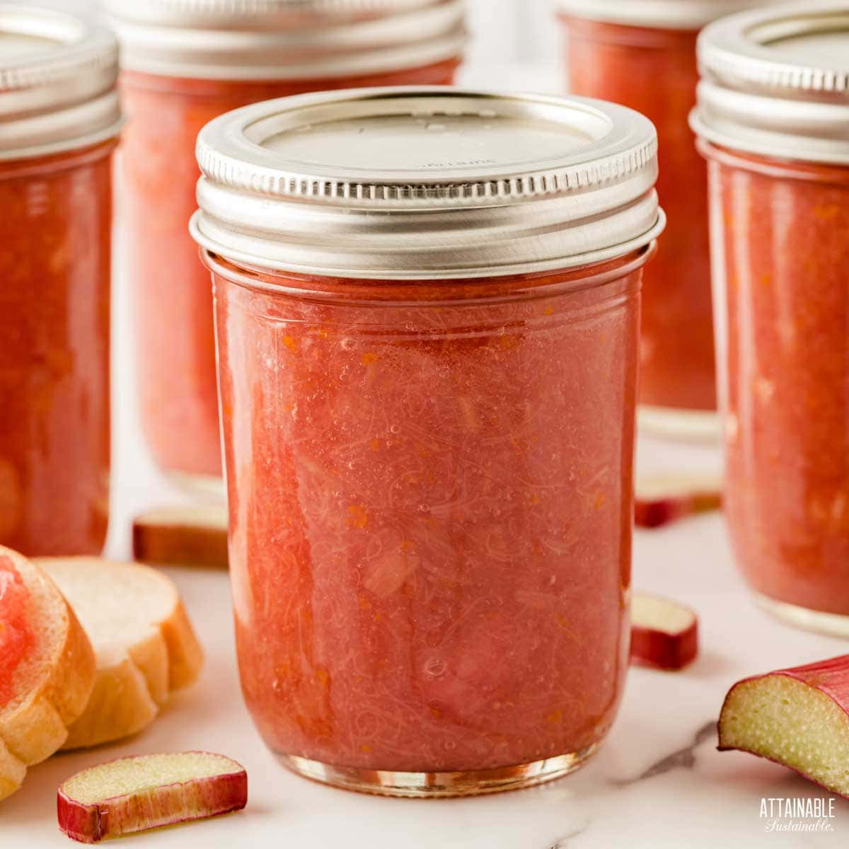 filled and sealed jars of rhubarb jam.