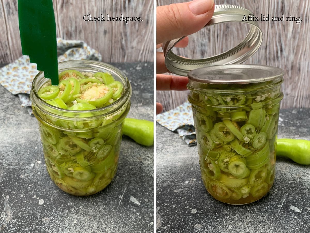 2 panel image showing a tool to check the headspace and a hand placing a canning ring on a jar.