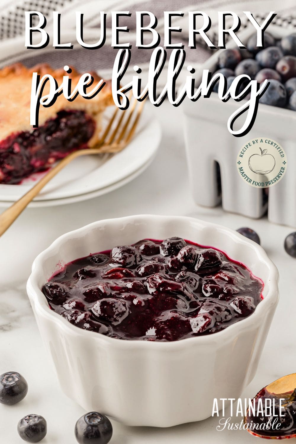 pie filling in a white scalloped dish with a slice of pie and fresh berries behind.