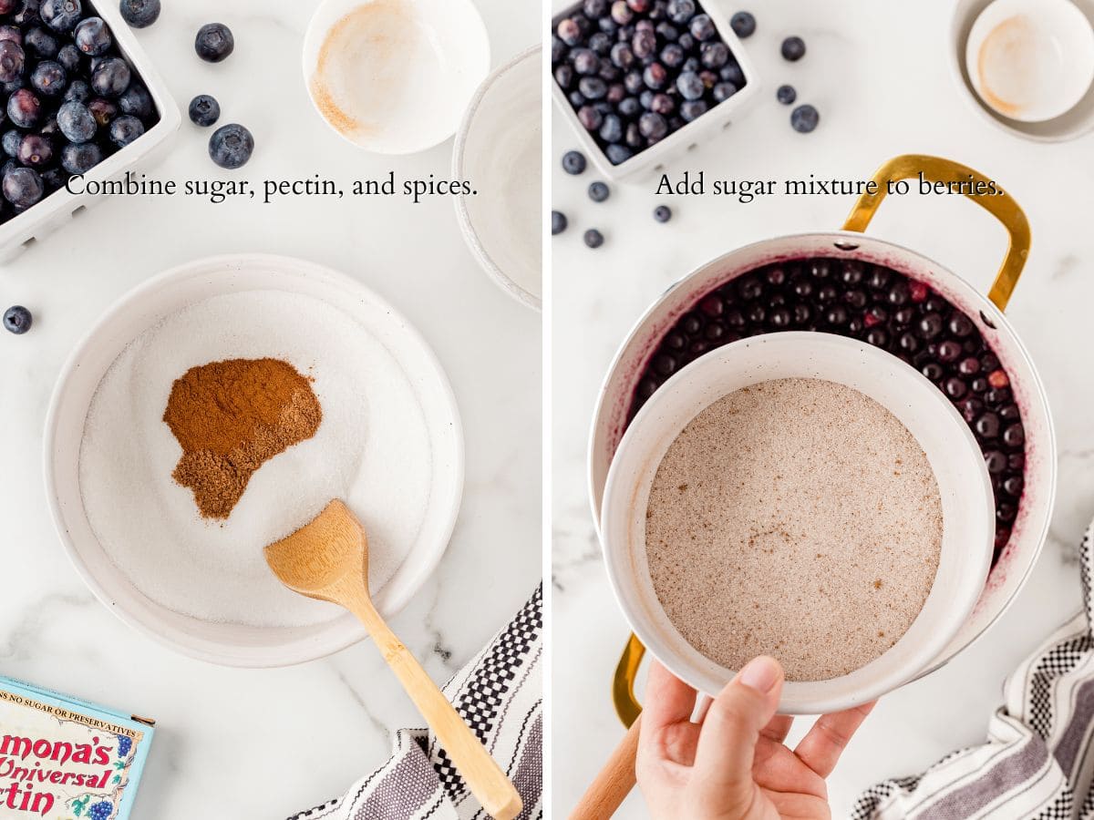 2 panel process shot, mixing sugar and spices, adding mixture to berries.