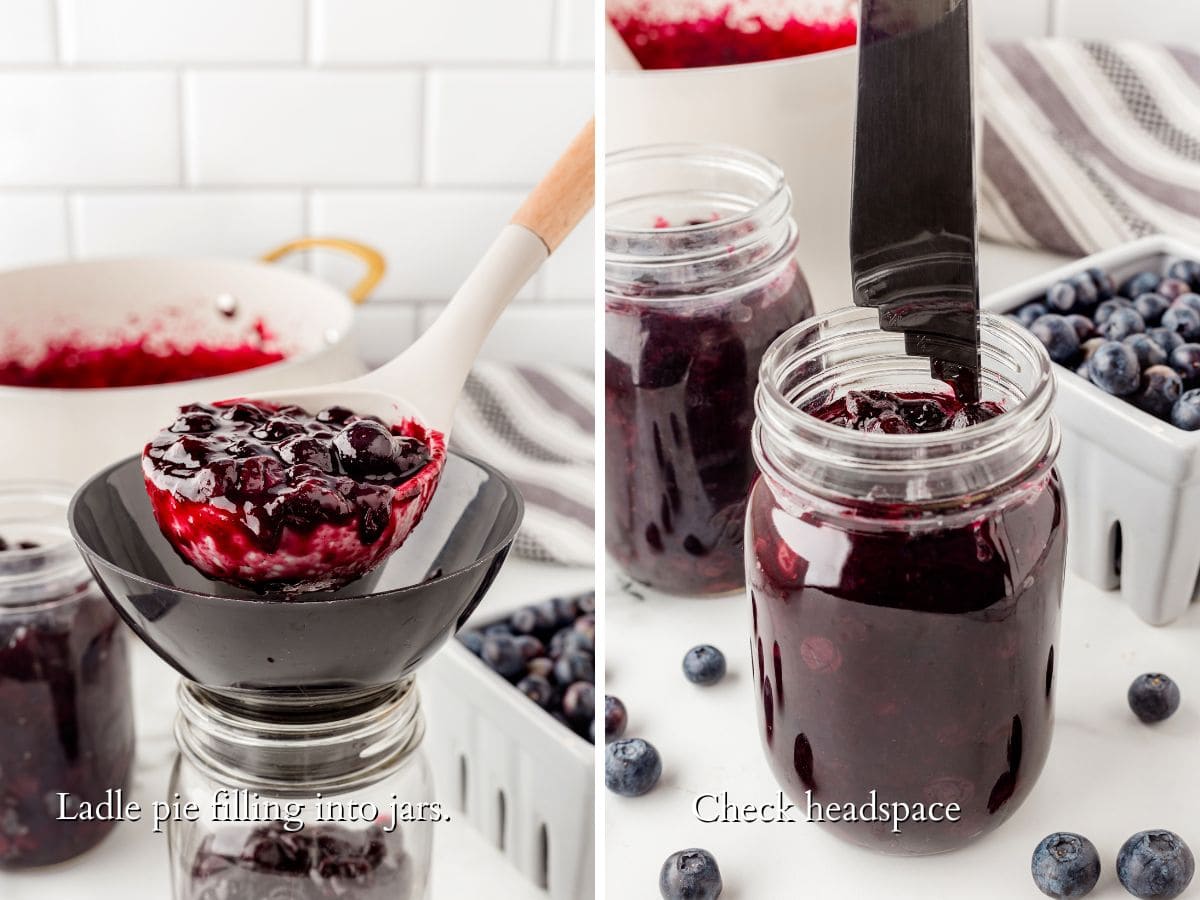 2 panel process shot, filling jar with blueberries, checking headspace with black tool.