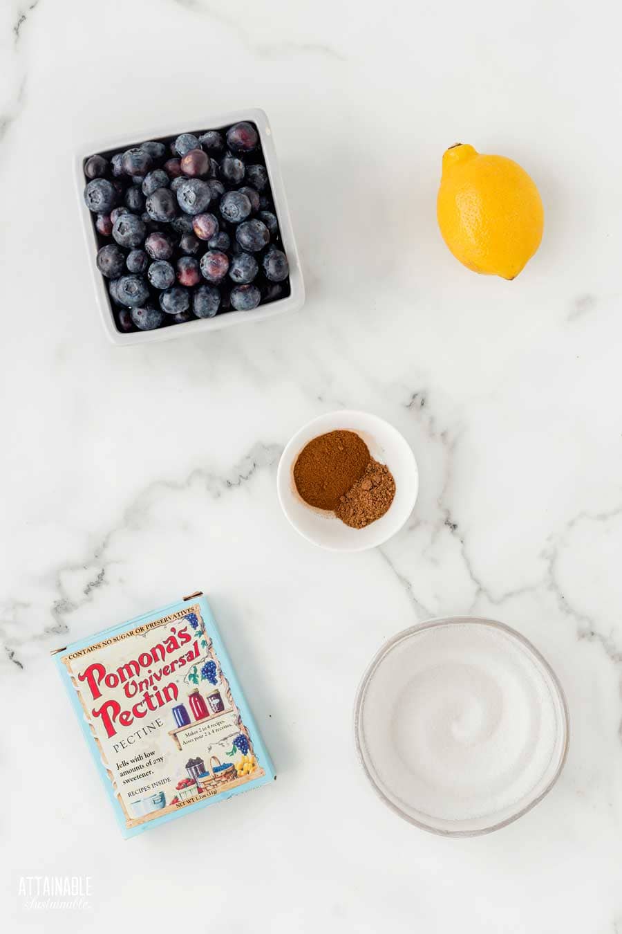 ingredients for making canned blueberry pie filling: berries, lemon, spices, pectin, sugar.