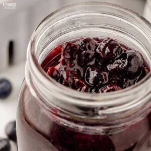 blueberry pie filling in a canning jar, looking in from the top.