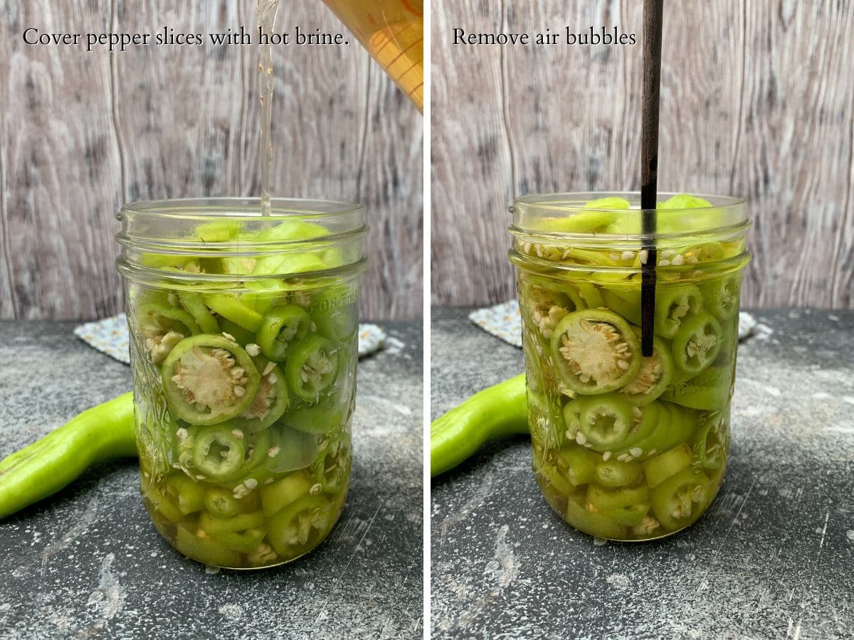 two-panel image showing pouring the brine into the jar over the peppers and removing air bubbles