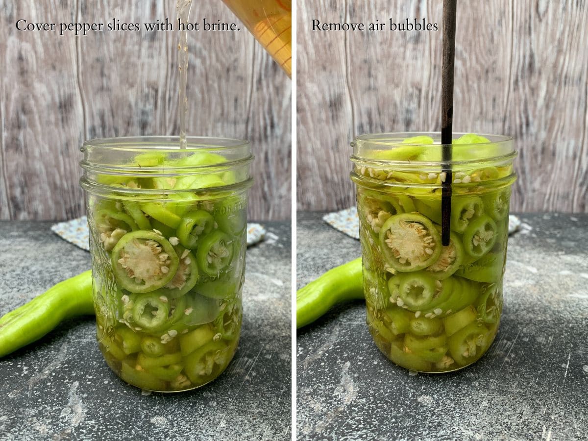 2 panel image showing pouring the brine into the jar over the peppers and removing air bubbles with a dark chopstick.