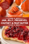 2 panel image with two kinds of fruit spread: one on a spoon, one on toast, with the words jam, jelly, preserves, chutney, & fruit butter.