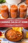 2 panel pin showing 3 jars of salsa, top, with salsa in a bowl, bottom.