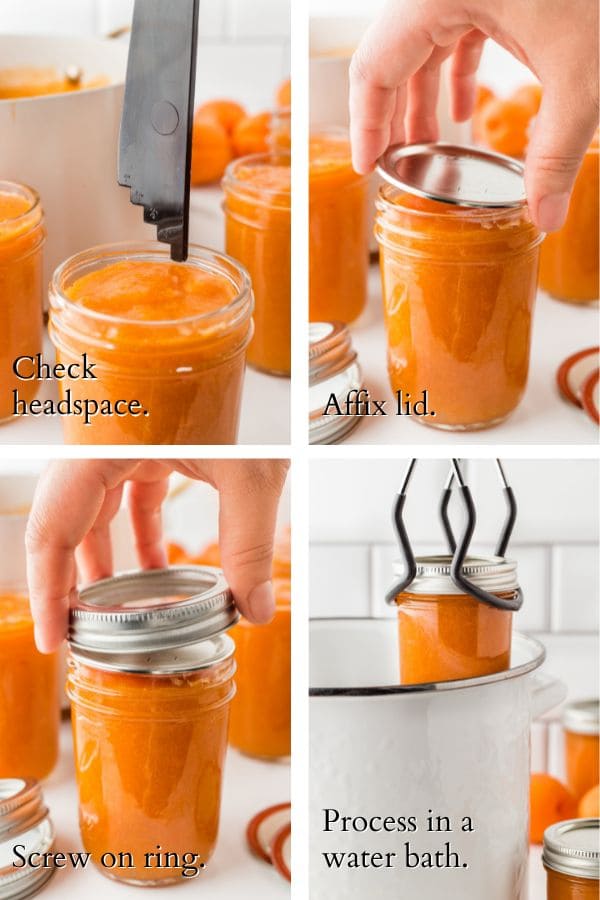 4 panel showing the canning process: measuring headspace, affixing lid and ring, putting jar in pot with canning tongs.