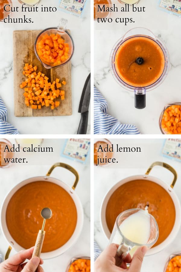 4 panel showing process of preparing the fruit and adding it to a pot with calcium water and lemon juice.