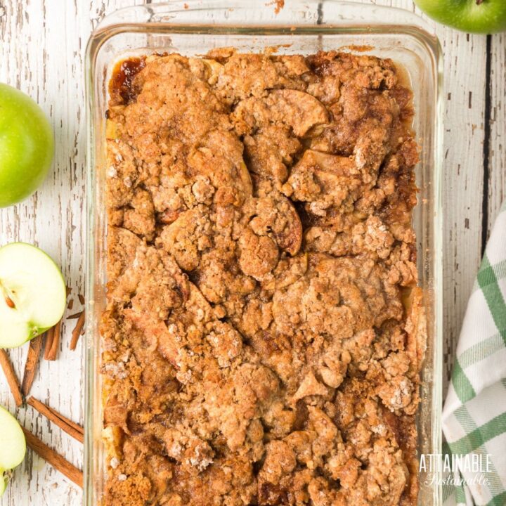 browned apple cobbler in a baking dish.