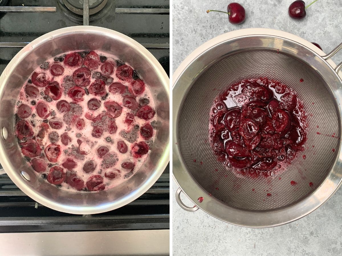 2 panel image showing cherries simmering in a pot and being strained in a sieve.