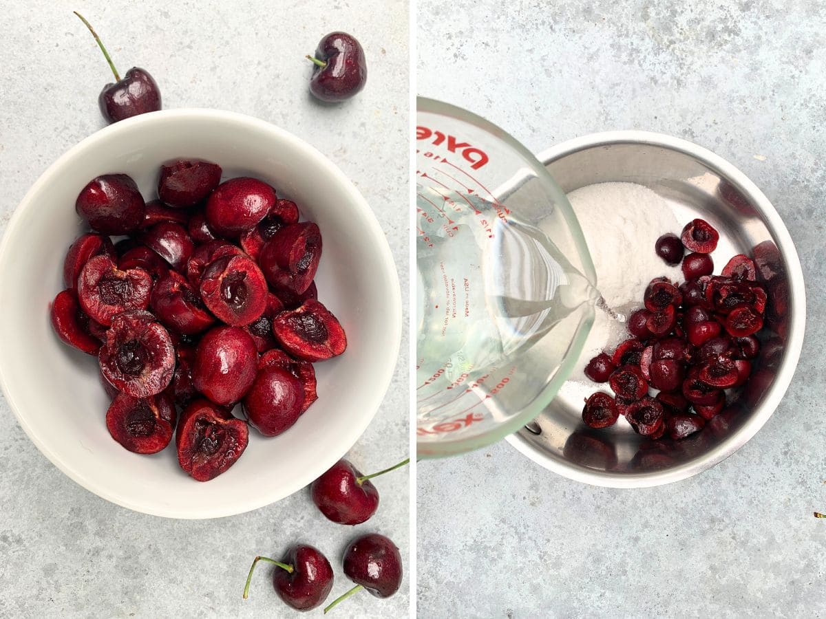 2 panel image showing halved, pitted cherries in a bowl, and cherries and sugar in a pot, with water being poured in from a measuring cup.