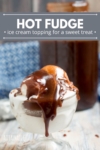 ice cream in a glass bowl, topped with gooey hot fudge sauce.