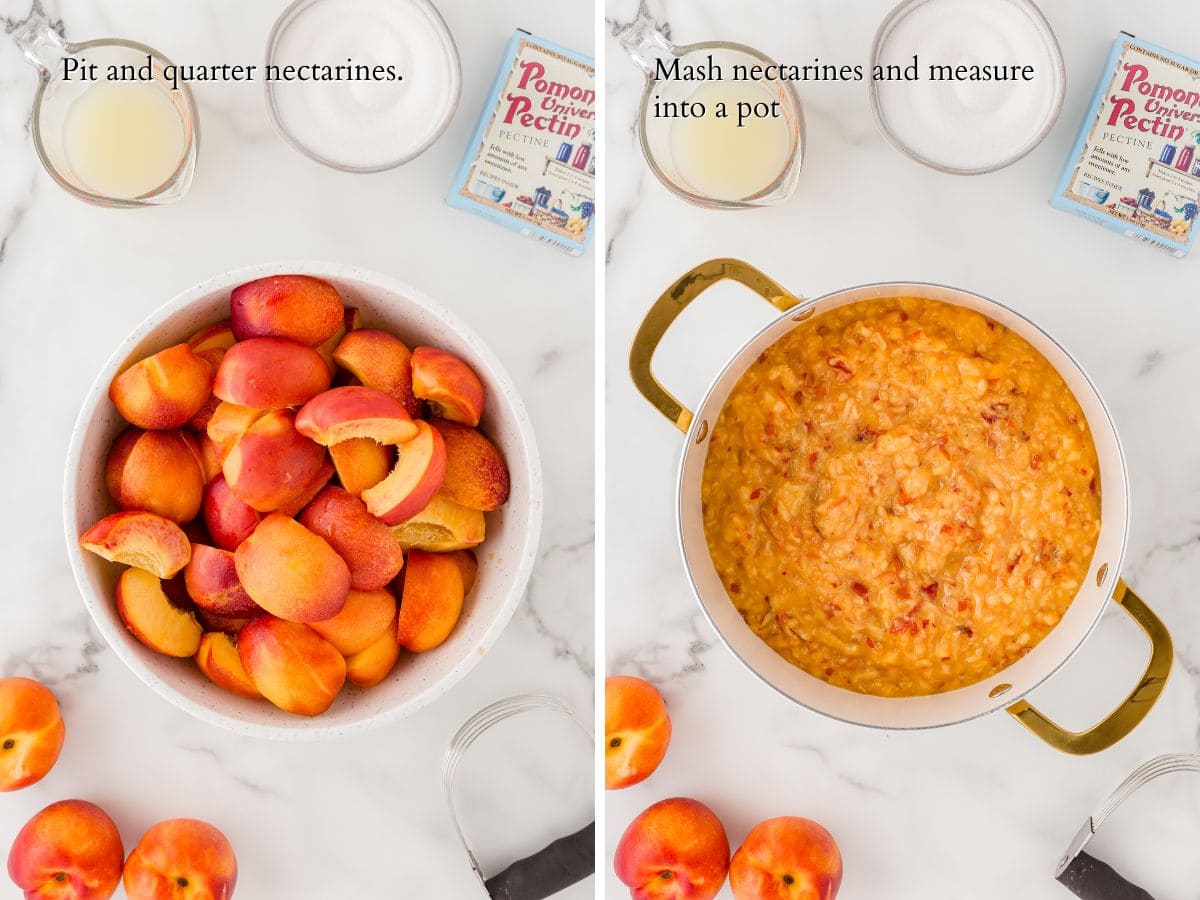 Quartered nectarines in a bowl, mashed nectarines in a pot.