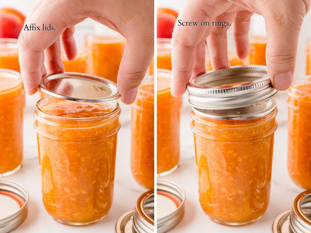 2 panel showing affixing the lid and the ring to filled canning jars.