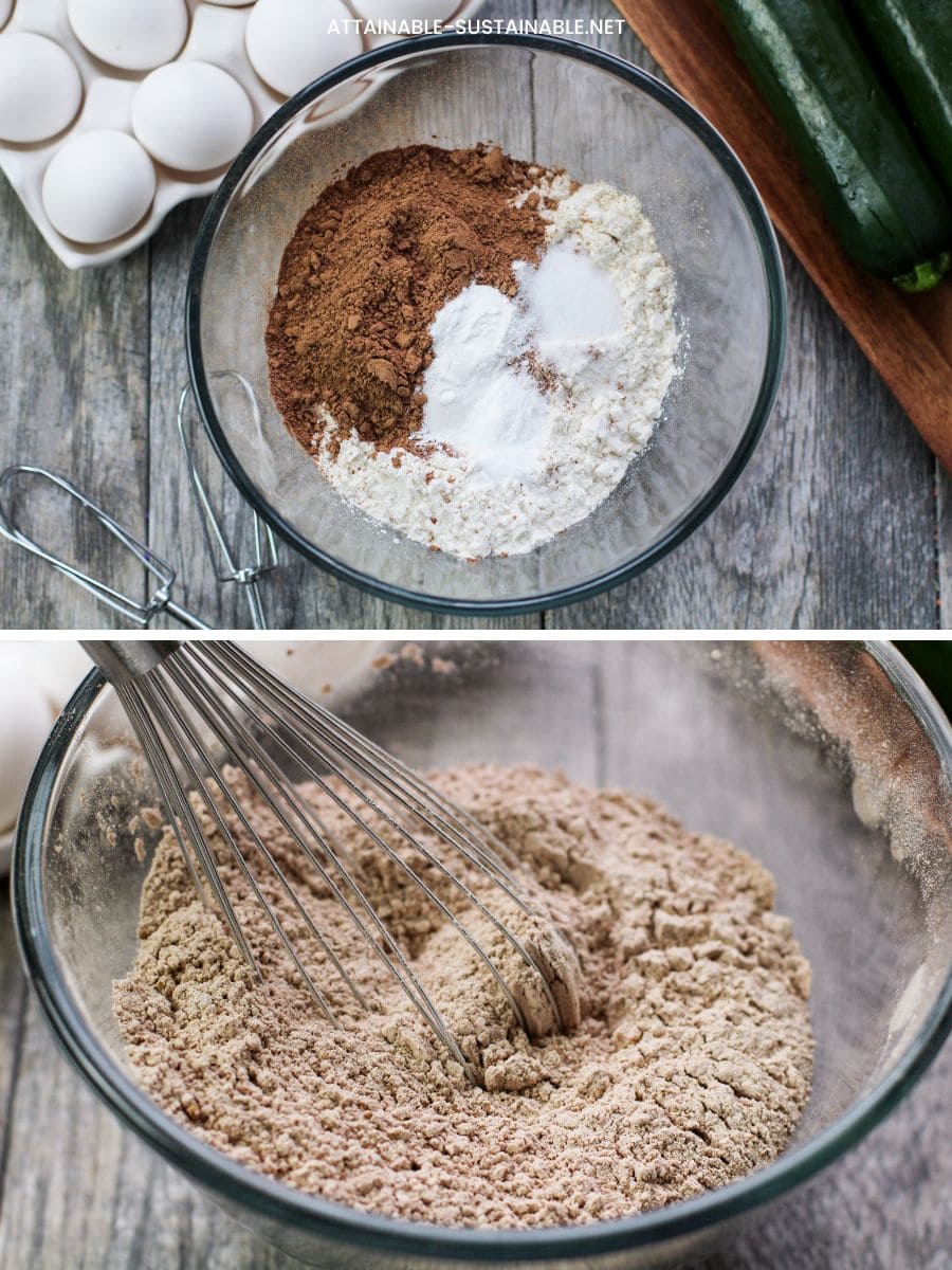 2 panel showing dry ingredients in a glass bowl, before and after combining.