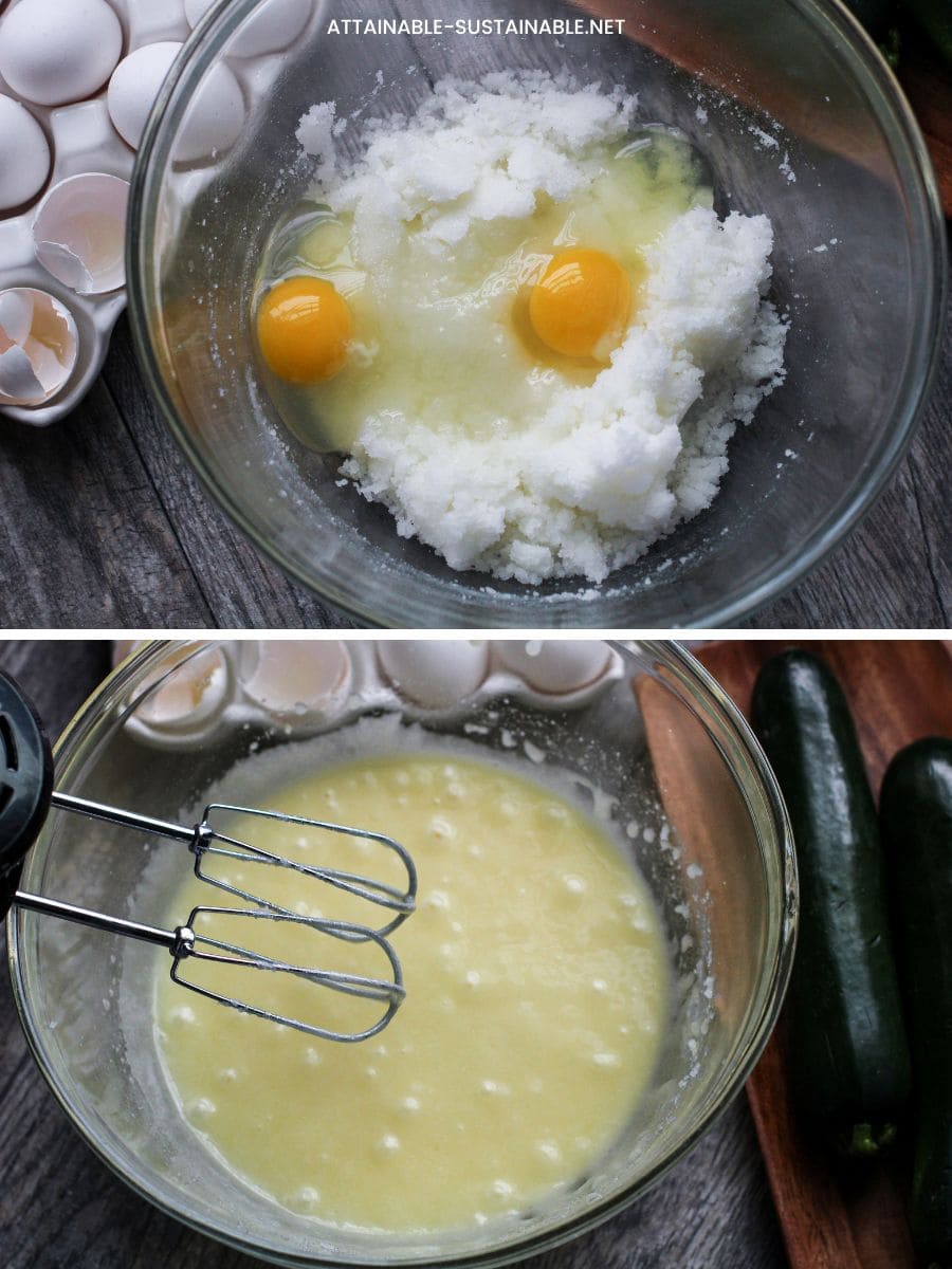 2 panel showing the addition of eggs to the sugar mixture, before and after.