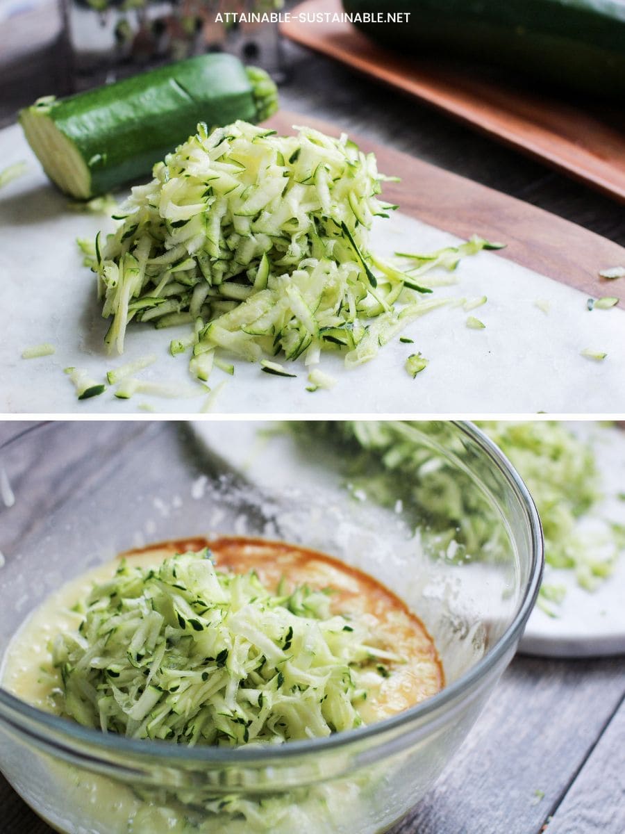 2 panel showing grated zucchini and zucchini added to the wet ingredients.